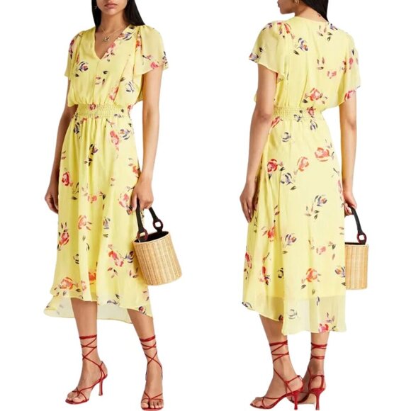 DKNY Shirred Floral Print Crepon Midi Dress Womens 14 Yellow Flutter Sleeve Chic - Picture 1 of 13
